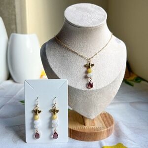 Bee Jewelry Set, White Honey Amber Yellow Jade, Garnet Teardrop Fun Jewelry